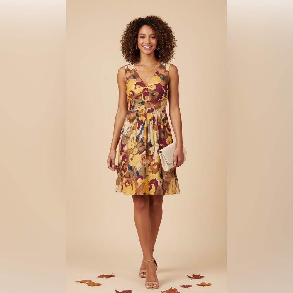 Banana Republic 100% Silk Dress 0P Abstract Floral V-Neck Fall Wedding Guest